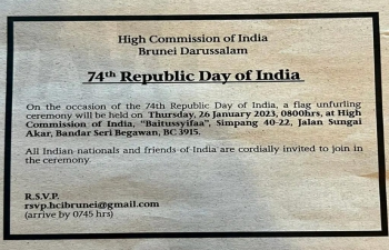 Flag-unfurling ceremony in the High Commission of India in Brunei Darussalam on 26 January 2023.